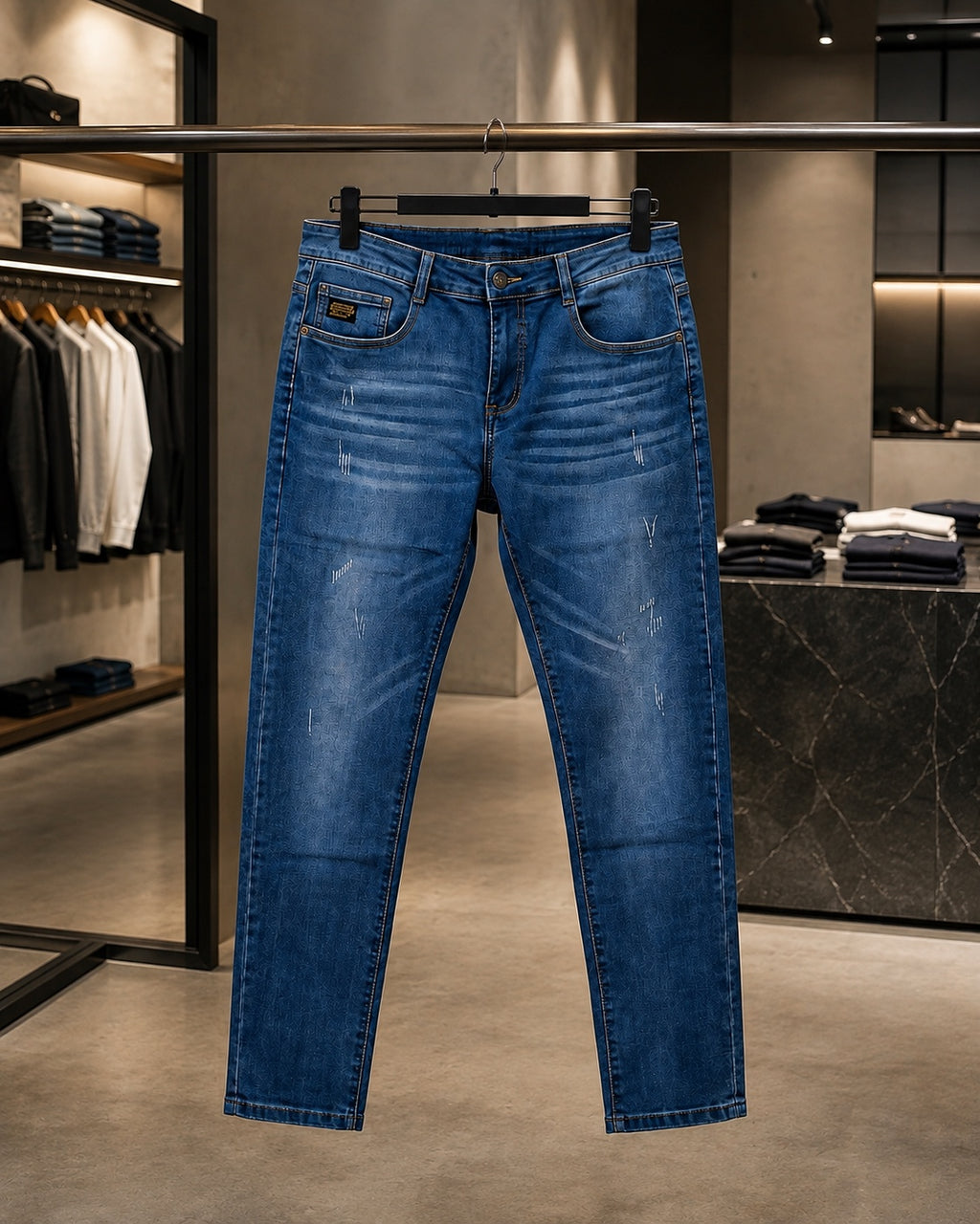 Auren Milano blue distressed slim jeans in premium retail setting